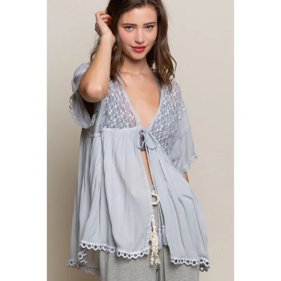 POL Light Grey Tassel Tie Rayon Gauze + Lace Kimono Cardigan - Picture 6 of 6
